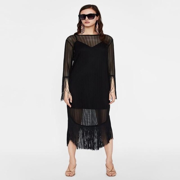 zara fringe dress black